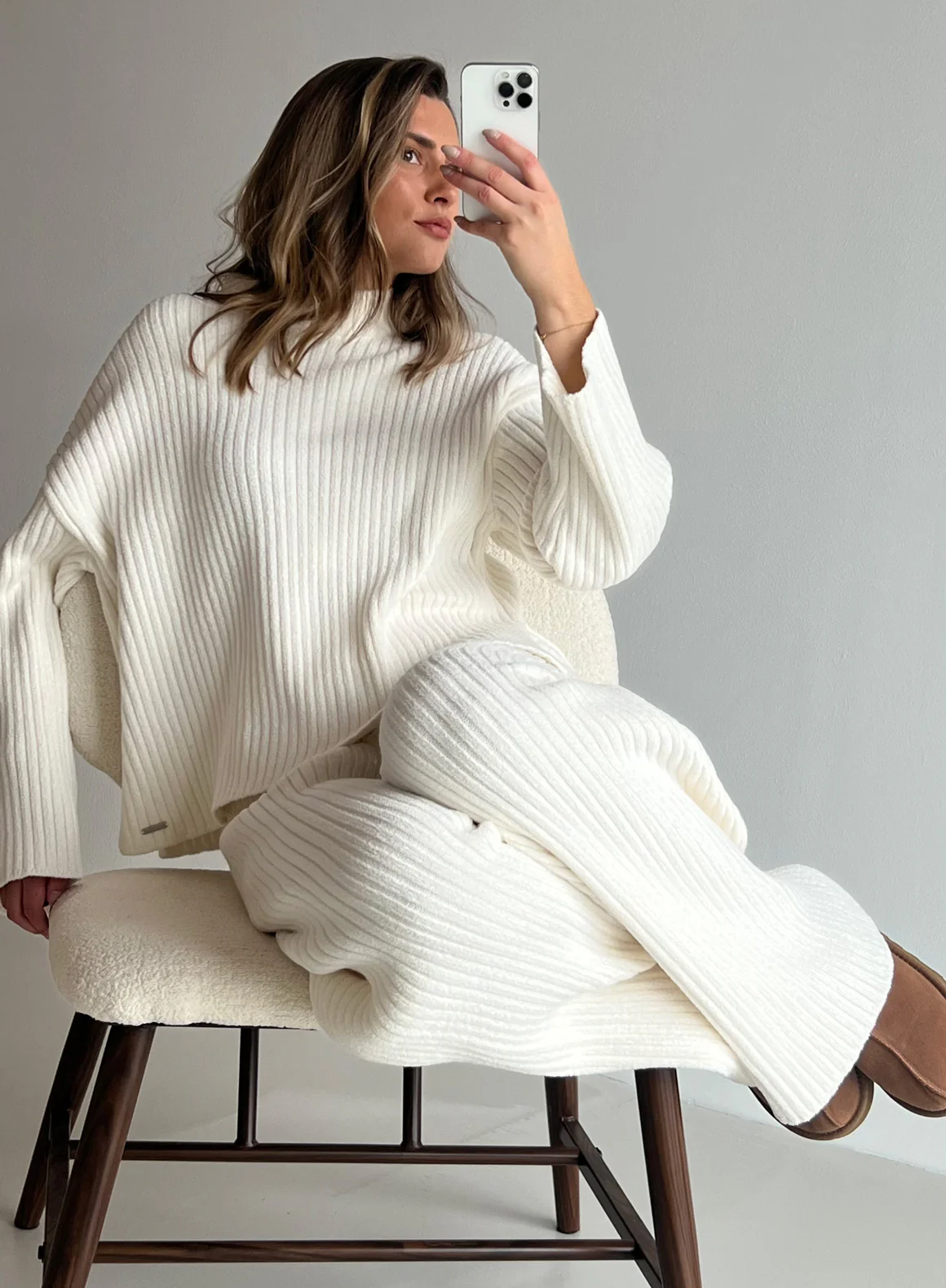 Almond White Rib Knit Sweater & Pants Set