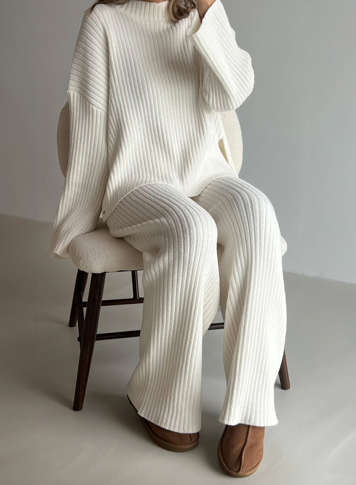 Almond White Rib Knit Sweater & Pants Set - Image 6