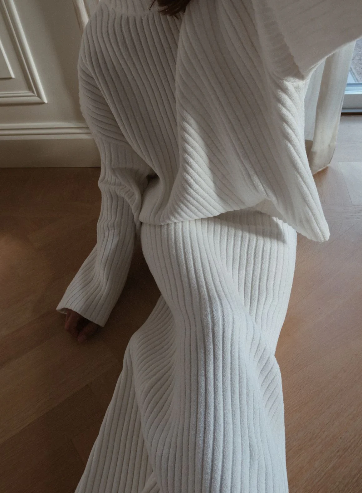 Almond White Rib Knit Sweater & Skirt Set