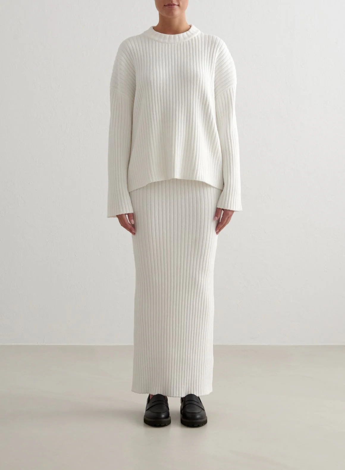 Almond White Rib Knit Sweater & Skirt Set - Image 2