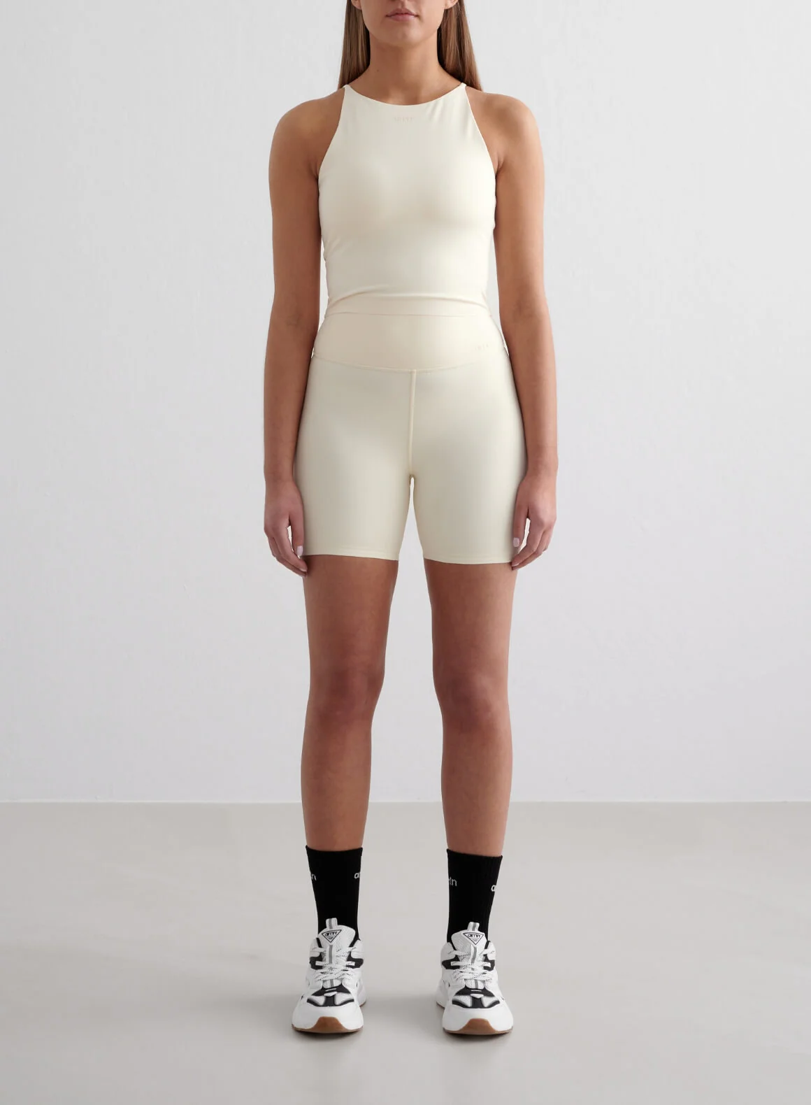 Almond White Sense Midi Biker Shorts & Halter Bralette Set