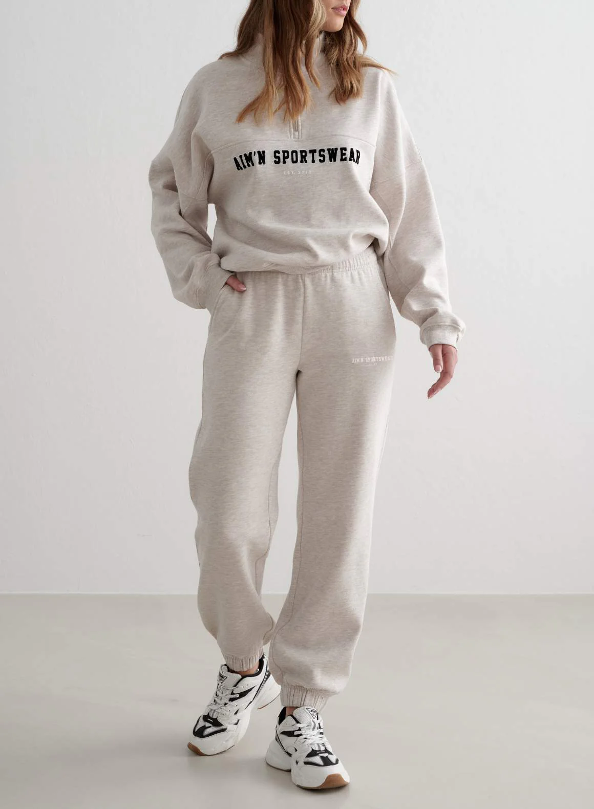 Beige Melange Varsity Sweat Set